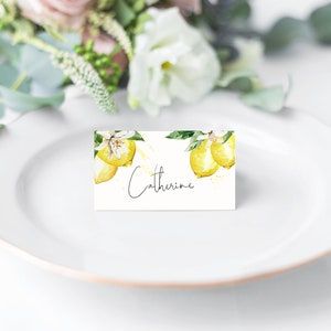 Cartões de lugar de casamento, aquarela limão, Positano, cítrico, plano e tenda dobrada, DOWNLOAD INSTANTÂNEO, editável