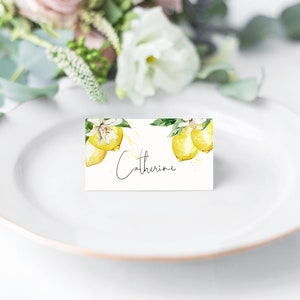 Wedding Place Cards, Watercolor Lemon, Positano, Citrus, Flat and Tent Folded, INSTANT DOWNLOAD, Editable image 1