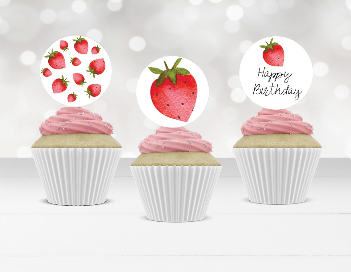 Strawberry Birthday Cupcake Toppers Favor Tags Girl First | Etsy