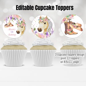 Editable Cowgirl Birthday Cupcake Toppers Horse Birthday Sticker Toppers Tags Pink Gold Floral Cowgirl Horse Party Decor Instant Download