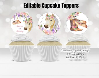 Editable Cowgirl Birthday Cupcake Toppers Horse Birthday Sticker Toppers Tags Pink Gold Floral Cowgirl Horse Party Decor Instant Download