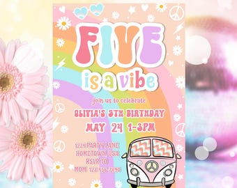 Editable Five Is A Vibe Rainbow Peace Sign Invitation Retro Groovy 5th Birthday Hippie Invitation Hippie Disco Party PRINTABLE DOWNLOAD HP01