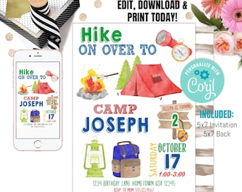 Camping Geburtstagseinladung, Camping Einladung, Lagerfeuer Einladung, bearbeitbare Camping Einladung, Camping Geburtstag einladen, DIGITAL
