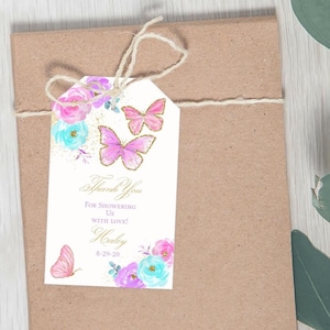 Editable Butterfly Baby Shower Favor tags EDITABLE Pink Butterfly Thank you tags Gift tags party favors Printable Instant download