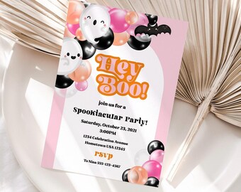 Bewerkbare Halloween Pink Ghost verjaardagsuitnodiging Hey Boo Girly Cute Ghost verjaardagsfeestje Spooktacular Halloween Party Instant Download