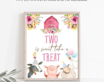 Letrero imprimible de cumpleaños de granja rosa para niñas Letrero de cumpleaños de granja rosa para niña de 2º cumpleaños Descarga instantánea Letrero de fiesta de cumpleaños de granja Dos es dulce