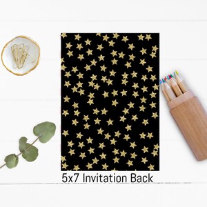 May include: Black invitation card with a gold glitter star pattern. The back of the card says "5x7 Invitation Back".