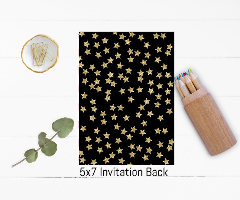 May include: Black invitation card with a gold glitter star pattern. The back of the card says "5x7 Invitation Back".