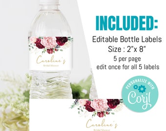 EDITABLE  Blush burgundy Bridal Shower Bottle Label, Water bottle labels, Digital,  Instant download template, Blush gold Shower Theme