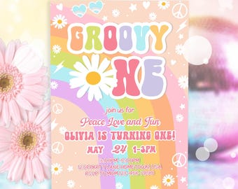 EDITABLE Groovy One Birthday Invitation, Girl First Birthday Invite, Retro Birthday Invite, Girl 1st Birthday, Instant Download GB01