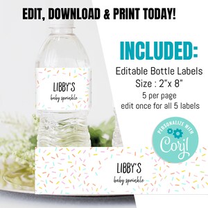 K&ouml;nnte beinhalten: Bearbeitbare Wasserflaschenetiketten mit Konfetti-Design und dem Text "LIBBY'S baby sprinkle". Die Etiketten sind 5,1 cm x 20,3 cm gro&szlig; und werden in einem Set mit 5 St&uuml;ck geliefert.
