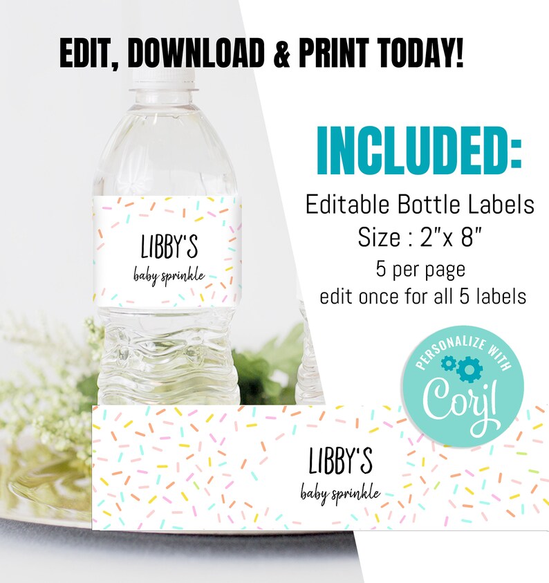 K&ouml;nnte beinhalten: Bearbeitbare Wasserflaschenetiketten mit Konfetti-Design und dem Text "LIBBY'S baby sprinkle". Die Etiketten sind 5,1 cm x 20,3 cm gro&szlig; und werden in einem Set mit 5 St&uuml;ck geliefert.