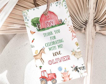 Editable Farm Favor Tags Boy Farm Birthday Thank you tags Barnyard Gift Tags Red Green Birthday Template Custom PRINTABLE Corjl FP01