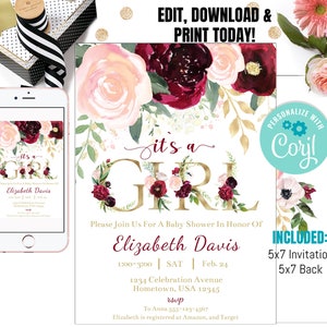 May include: A printable baby shower invitation with a floral design in shades of pink, white, and burgundy. The text reads "It's a Girl" in gold lettering. The invitation includes the name "Elizabeth Davis" and details for the event, including the date, time, and location. The invitation is designed to be personalized with the Corjl app.