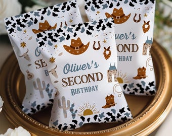 Modèle de sachet de chips modifiable pour anniversaire sur le thème des cowboys (téléchargement numérique) CB01