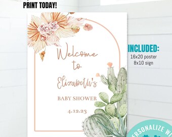 May include: A white baby shower sign with a floral and cactus design. The sign reads "Welcome to Elizabeth's BABY SHOWER 4.12.23". The sign also includes the text "EDIT, DOWNLOAD & PRINT TODAY!" and "INCLUDED: 16x20 poster 8x10 sign".