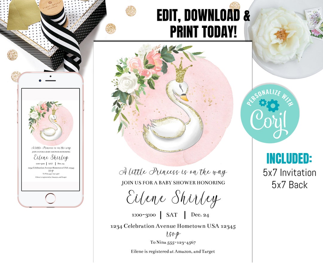 EDITABLE Swan Baby Shower Invitation Template, Blush Gold Floral Swan ...