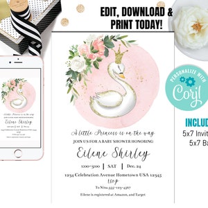 Puede incluir: Una invitaci&oacute;n de baby shower rosa y blanca con un cisne de brillo dorado y una corona de flores. El texto dice "A little Princess is on the way. Join us for a baby shower honoring Eilene Shirley. 1:00-3:00 | SAT | Dec. 24. 1234 Celebration Avenue Hometown USA 12345. RSVP. To Nina 555-123-4567. Eilene is registered at Amazon and Target."