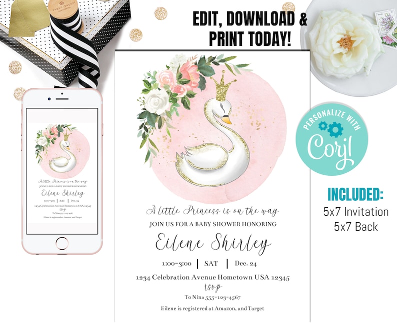 Puede incluir: Una invitaci&oacute;n de baby shower rosa y blanca con un cisne de brillo dorado y una corona de flores. El texto dice "A little Princess is on the way. Join us for a baby shower honoring Eilene Shirley. 1:00-3:00 | SAT | Dec. 24. 1234 Celebration Avenue Hometown USA 12345. RSVP. To Nina 555-123-4567. Eilene is registered at Amazon and Target."