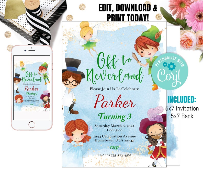 May include: A blue and green invitation for a child's birthday party. The invitation features characters from Peter Pan, including Peter Pan, Captain Hook, Tinkerbell, and the Lost Boys. The invitation is for a boy named Parker who is turning 3. The invitation includes the date, time, and location of the party. The text on the invitation reads "Off to Neverland, Please Join Us To Celebrate Parker Turning 3, Saturday March 6, 2021, 1:00-3:00, 1234 Celebration Avenue, Hometown, USA 12345, rsvp To Anna 555-123-4567".