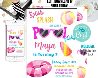 Pool Invitation, Pool Party Invite, Instant Download Pool Party Invitations PL101