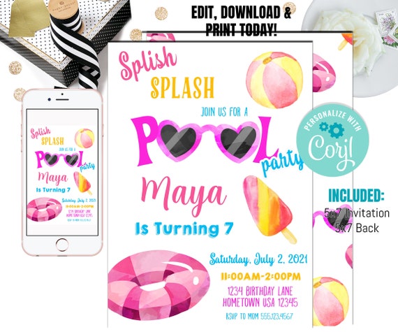 Pool Party Invitation Pool Birthday Party Invitation Swimming Pool Birthday Summer Pool Party Instant Download Editable File Corjl Il_570xn