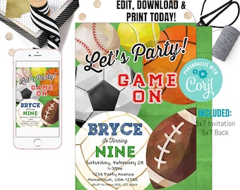 Editable Sports Invitation - Baseball Party invitation - Basketball Birthday invitation - All Star Sport Download Printable Invite Template