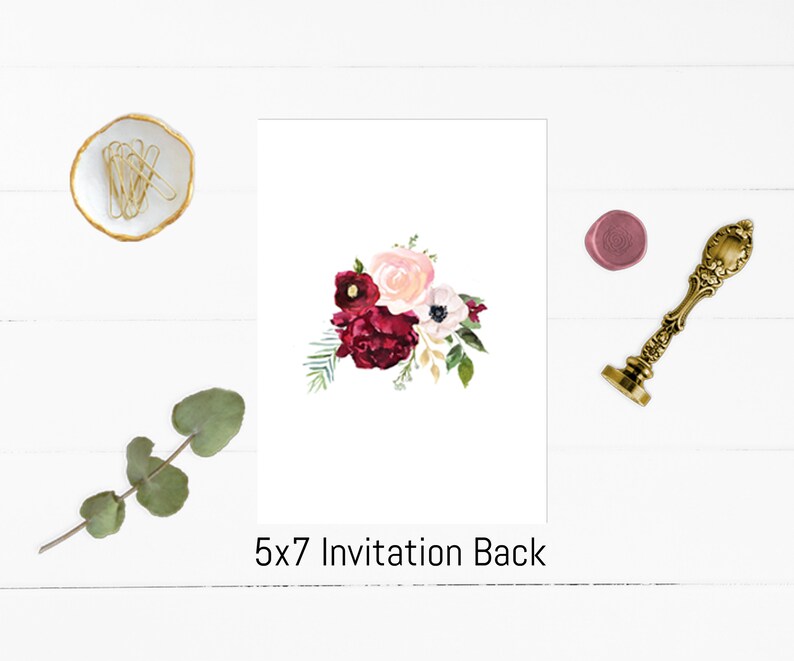 May include: A white 5x7 invitation back with a watercolor floral design in shades of burgundy, pink, and white. The floral design features roses, anemones, and greenery.