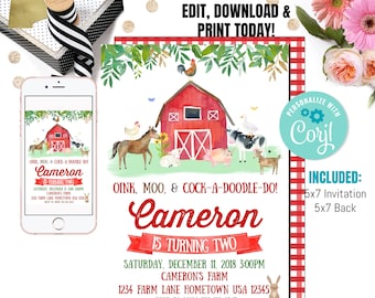 Editable Farm Birthday Invitation Boy Farm Animals Boy Barnyard Birthday Party Download Printable Invitation Template Digital Corjl F102