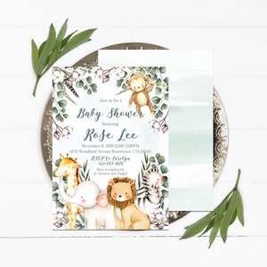 May include: A baby shower invitation with a jungle theme. The invitation features a watercolor illustration of a giraffe, elephant, lion, zebra, and monkey. The text on the invitation reads "Join us for a Baby Shower Honoring Rose Lee" and includes the date, time, and location of the event. RSVP information is also included.