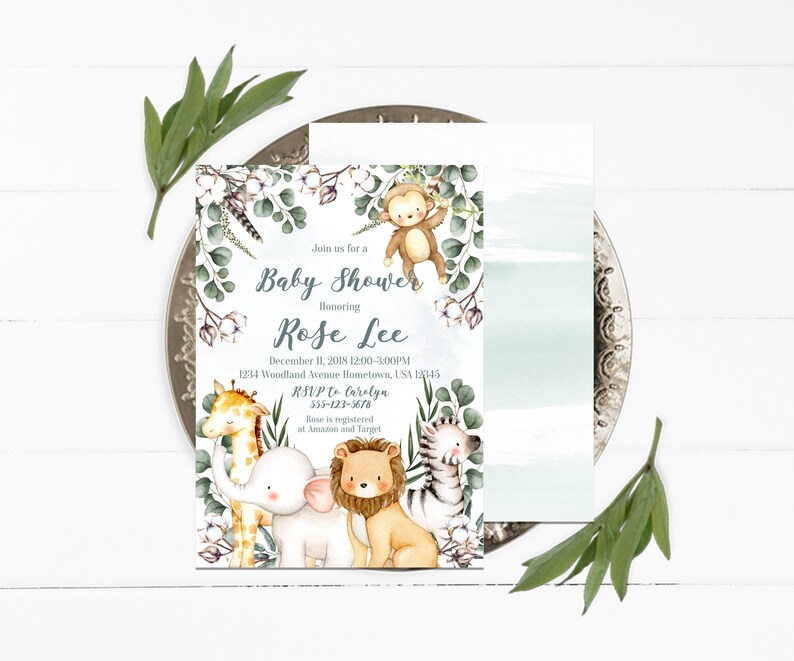 May include: A baby shower invitation with a jungle theme. The invitation features a watercolor illustration of a giraffe, elephant, lion, zebra, and monkey. The text on the invitation reads "Join us for a Baby Shower Honoring Rose Lee" and includes the date, time, and location of the event. RSVP information is also included.