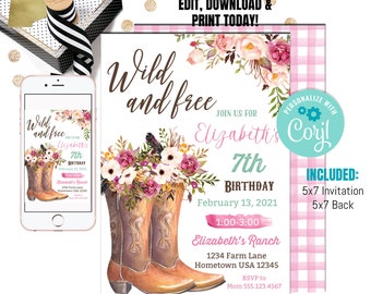 Cowgirl Birthday Party Invitation - Cowgirl Watercolor Invitation - Horse Party - Instant Download