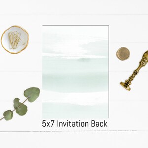 May include: A 5x7 invitation back with a watercolor background in shades of green and white. The back is blank, ready for personalization.