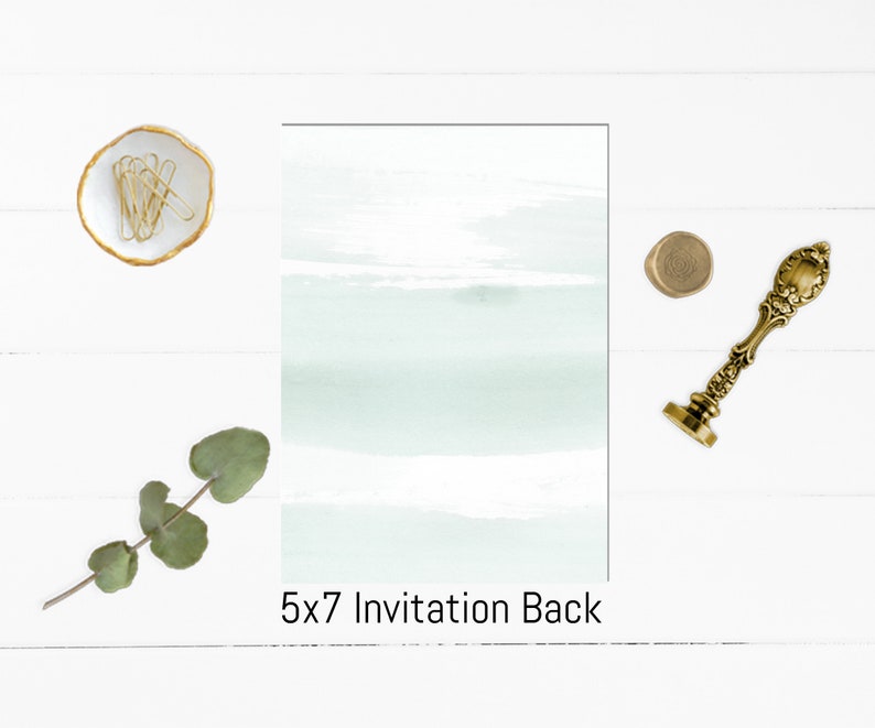 May include: A 5x7 invitation back with a watercolor background in shades of green and white. The back is blank, ready for personalization.