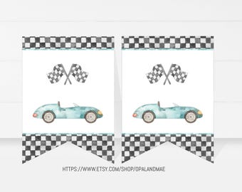 Happy Birthday Banner Race Car Banner Boy Race Car Birthday Decorations Growing Up Two Fast Blue Instant download PRINTABLE DIGITAL DIY RC01