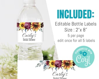 Könnte beinhalten: Transparente Wasserflasche mit einem Etikett mit Sonnenblumen und burgunderfarbenen Blumen. Das Etikett lautet "Carly's Bridal Shower". Der Text auf dem Bild lautet "EDIT, DOWNLOAD & PRINT TODAY!" und "INCLUDED: Editable Bottle Labels Größe: 5.08cm x 20.32cm 5 pro Seite."