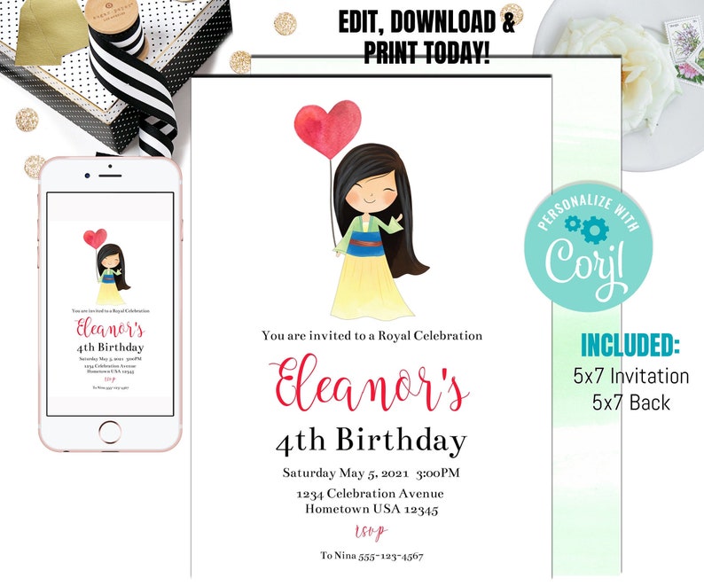 May include: Printable 5x7 invitation for a 4th birthday party with a cartoon princess holding a red heart balloon. The invitation has the text "You are invited to a Royal Celebration Eleanor's 4th Birthday" and includes the date, time, address, and RSVP information.
