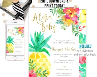 Aloha Baby Shower Invitation, Pineapple Baby Shower Invitation, Hawaiian Luau Invitation, Luau Party, Watercolor Invite, Digital File
