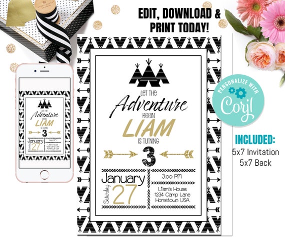 Tribal Birthday Invitation, Adventure Invite, Tribal Invitation, Black and White Stripe, Wild things Birthday, Camping Party, Editable Il_570xn