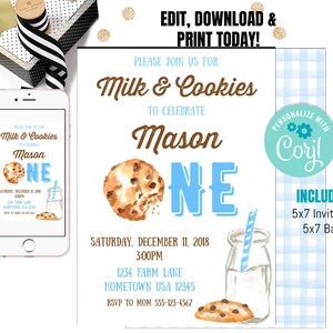 Editable Milk and Cookies Birthday Invitation Milk & Cookies Party Boy Birthday Blue First Birthday Printable Invitation Template Corjl CK01