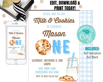 May include: A blue and white gingham background with a milk and cookies themed first birthday party invitation. The invitation features a chocolate chip cookie, a glass bottle of milk with a straw, and the text "Milk & Cookies to Celebrate Mason One".