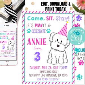 Puppy birthday invitation, Puppy birthday Invitations, Dog Birthday party invitation, Dog Themed Party, girl birthday invitation, Template