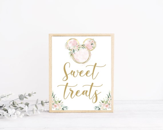 INSTANT DOWNLOAD Floral Gold Pink Mouse Printable Sweet treats Sign, 8x10 shower table sign, Watercolor Pink Girl Mouse Birthday sign Il_570xn