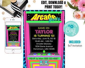 Invitation d'anniversaire d'arcade, invitation d'arcade, invitation de joueur, anniversaire d'arcade rétro, anniversaire de jeu vidéo, invitation de jeu vidéo