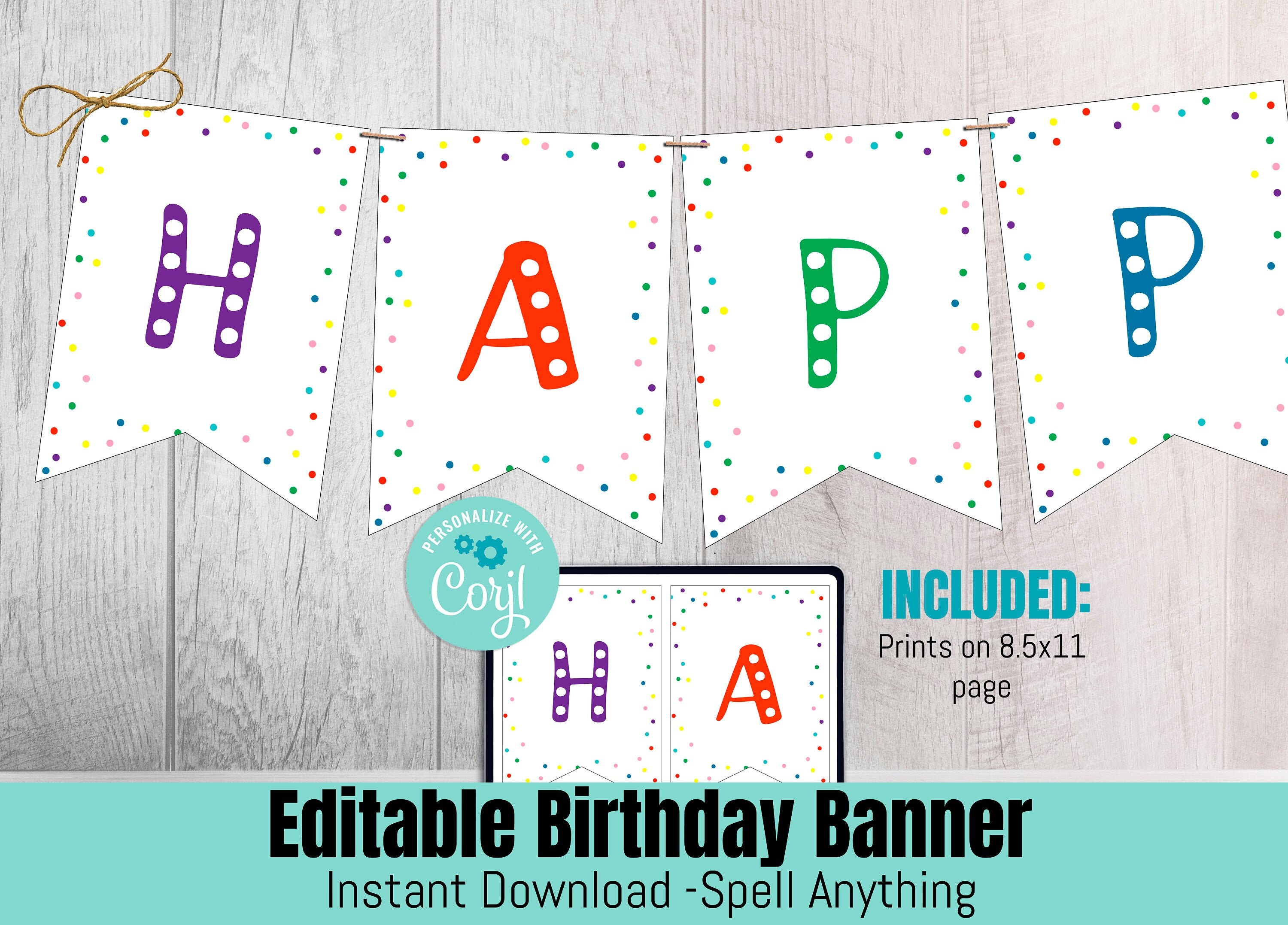 Rainbow Birthday Banner Printable Party Decorations Editable | Etsy