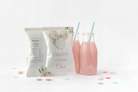 Girl Floral Mouse Chip bag template, Girl Mouse party, Oh Two Dles Baby Shower, Girls Birthday Favors, EDITABLE, Pink Floral Chip Bag Il_570xn