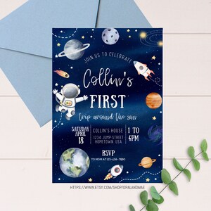 EDITABLE First Trip Around the Sun Outer Space First Birthday Invitation Galaxy Blast Off Astronaut Printable Template Digital Download SP01