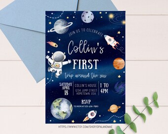 BEWERKBARE eerste reis rond de zon de ruimte eerste verjaardagsuitnodiging Galaxy Blast Off astronaut afdrukbare sjabloon digitale download SP01