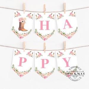 Happy Birthday Banner Western Birthday Banner Saddle Up Watercolor Cowgirl Party Girl Horse Birthday Decor Download PRINTABLE DIGITAL DIY