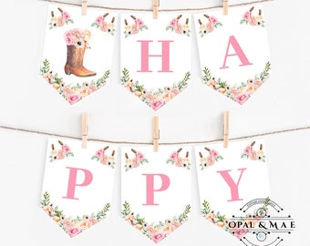 Happy Birthday Banner Western Birthday Banner Saddle Up Watercolor Cowgirl Party Girl Horse Birthday Decor Download PRINTABLE DIGITAL DIY